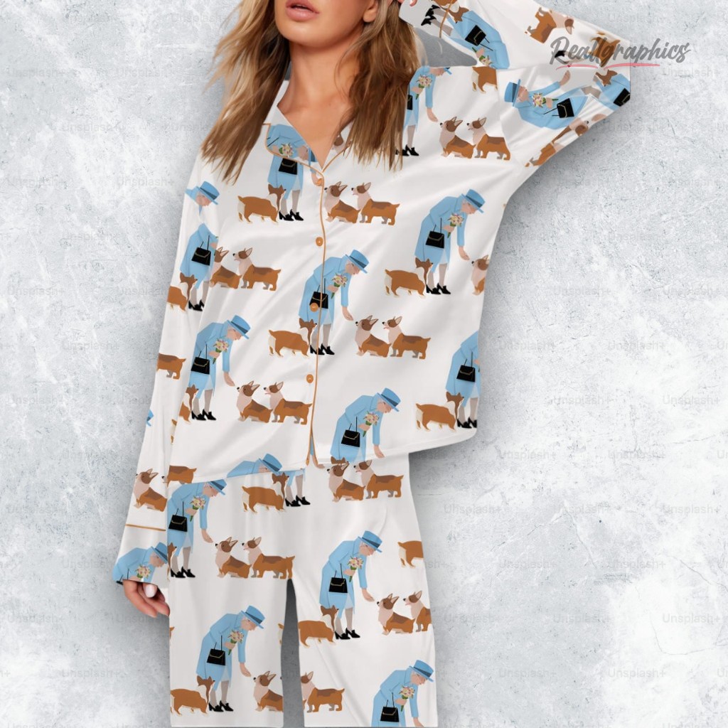 queen elizabeth ii and her corgis satin pajama set 2 o7pxe2