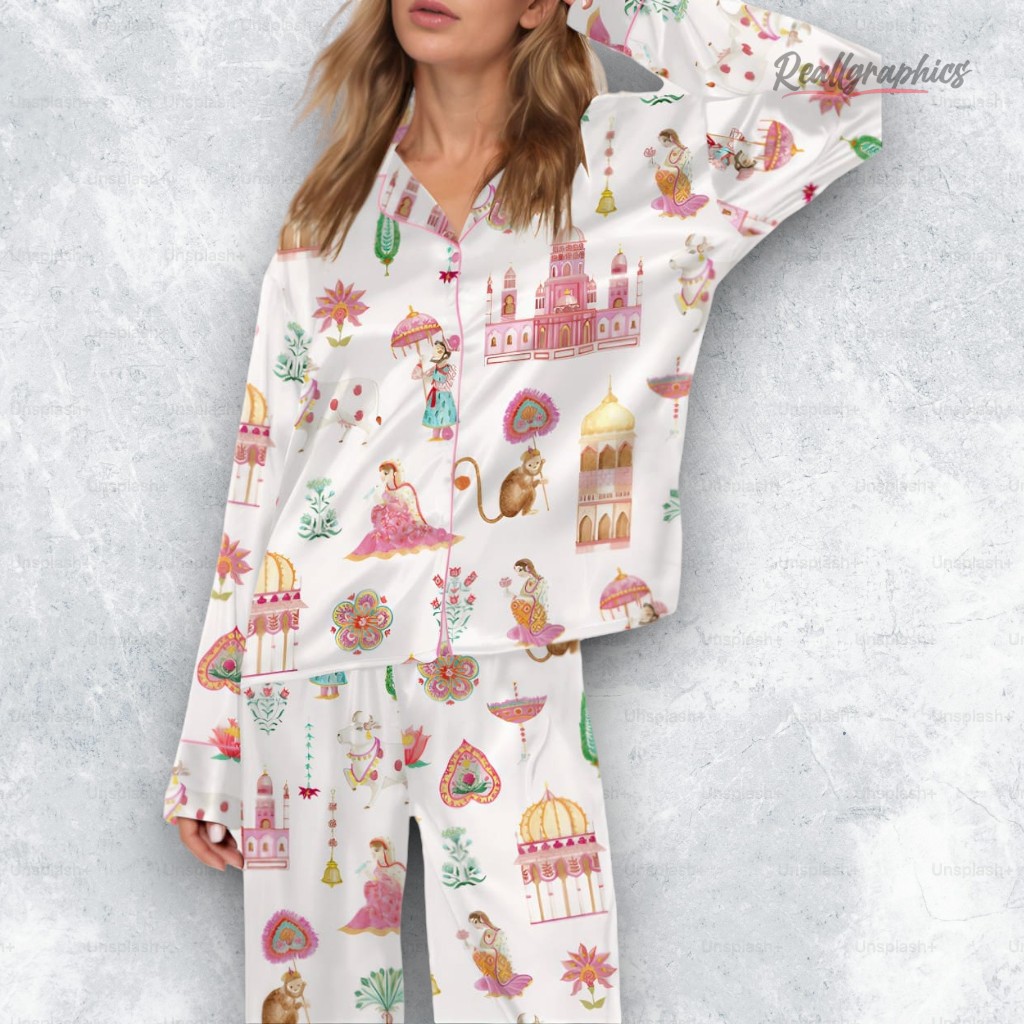 royal rajasthan watercolor india satin pajama set 2 sd36kt