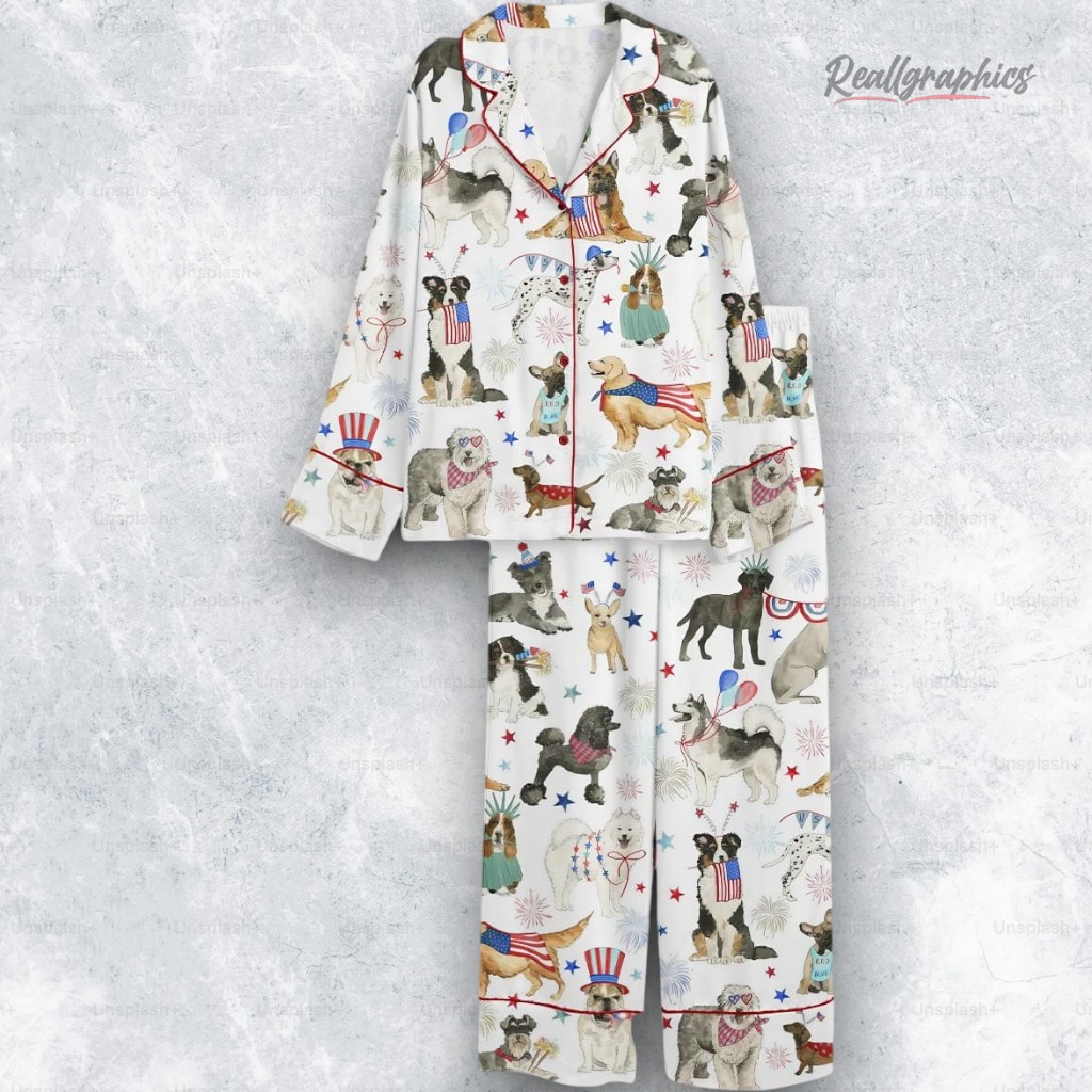 The 4th Of July Independence Day American Dogs USA Flag Satin Pajama Set The 4th Of July Independence Day American Dogs USA Flag Satin Pajama Set